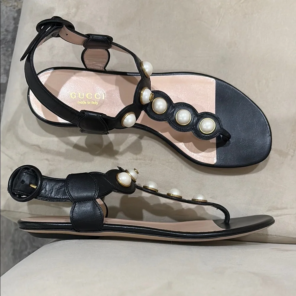 Gucci Black Sandals with Pearl Embellishments - Picture 13 of 14
